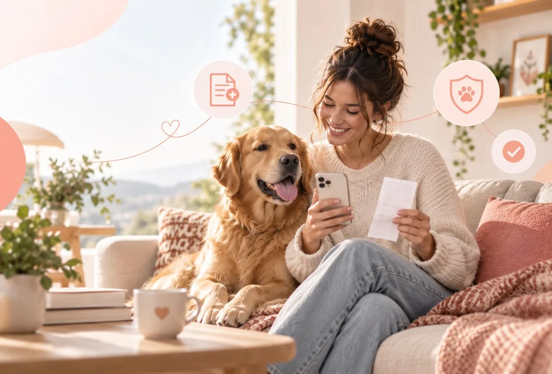 Owner holding a phone and a paper beside a dog on a sofa